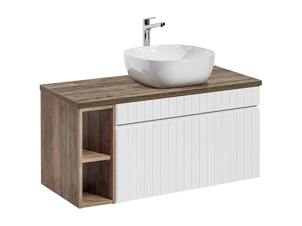 Ensemble meuble simple vasque 100cm 2 niches et colonne Zelie Blanc et Bois