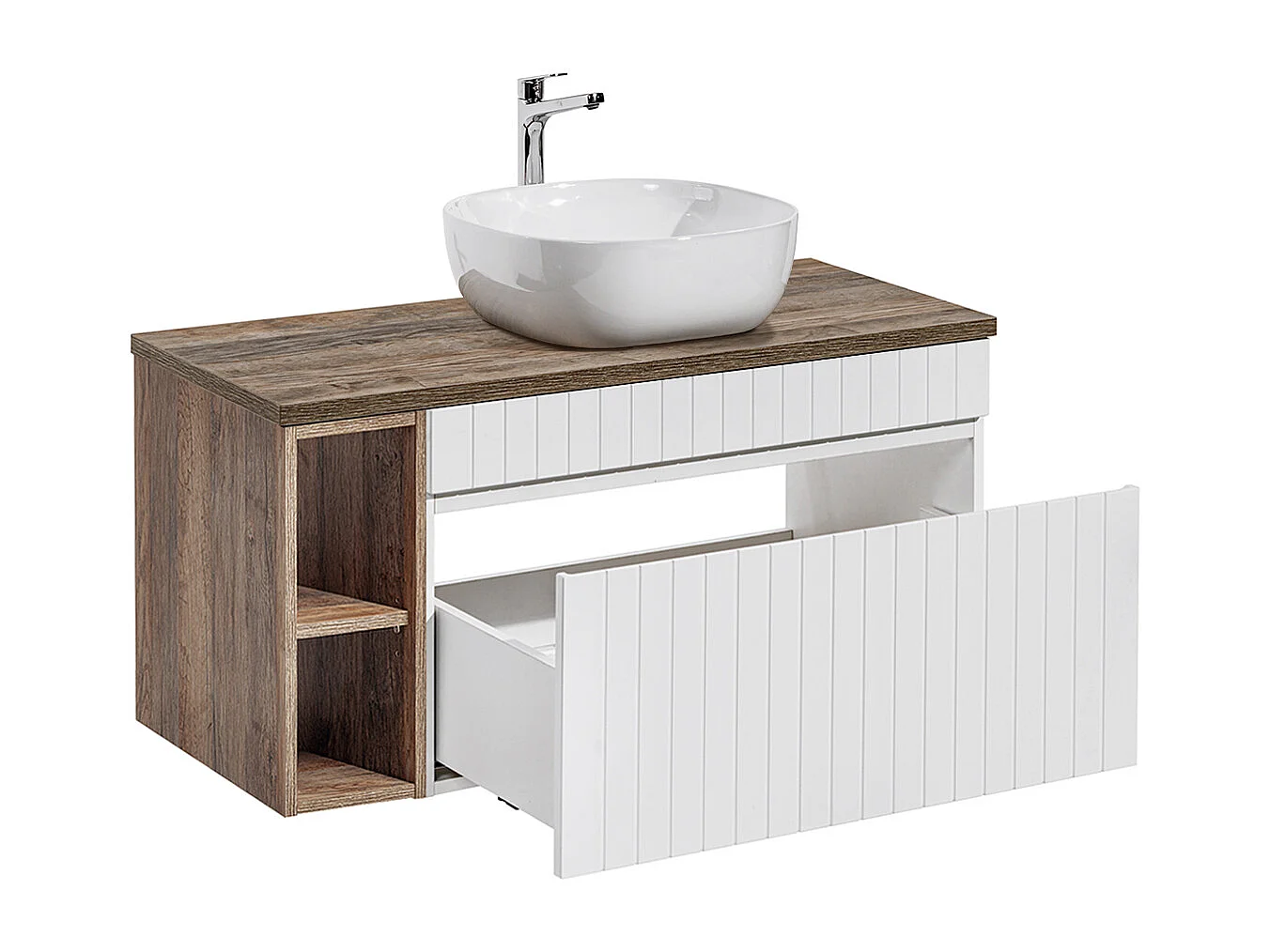Ensemble meuble simple vasque 100cm 2 niches et colonne Zelie Blanc et Bois