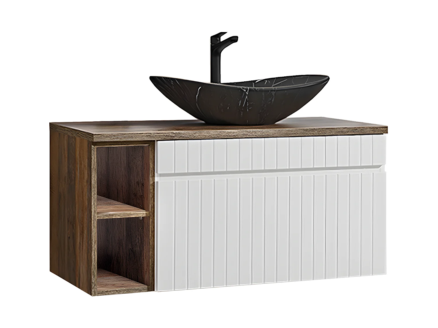 Meuble simple vasque 100cm 2 niches Zelie Blanc Bois et Noir