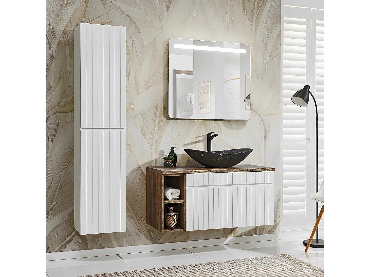 Meuble simple vasque 100cm 2 niches Zelie Blanc Bois et Noir