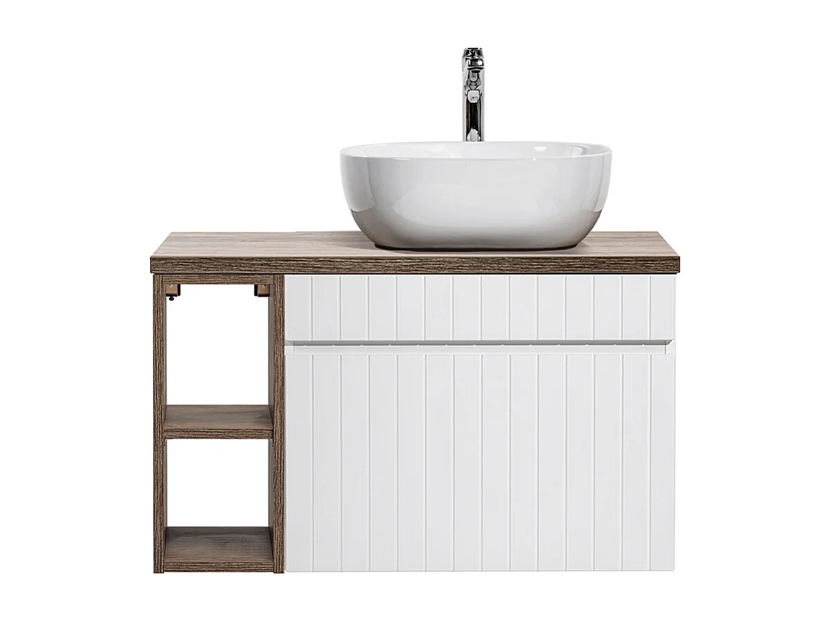 Enkele wastafel 80cm 2 nissen Zelie Wit en Hout