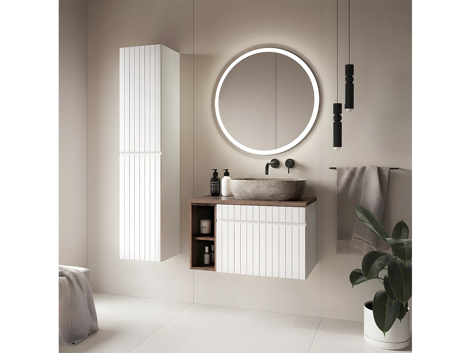 Mueble bajo lavabo 80cm 2 nichos Zelie Blanco y Madera