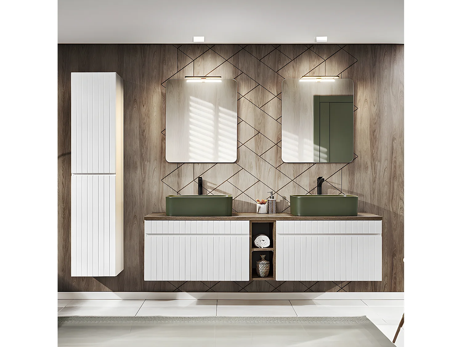 Meuble sous-vasque 180cm 2 niches Zelie Blanc et Bois