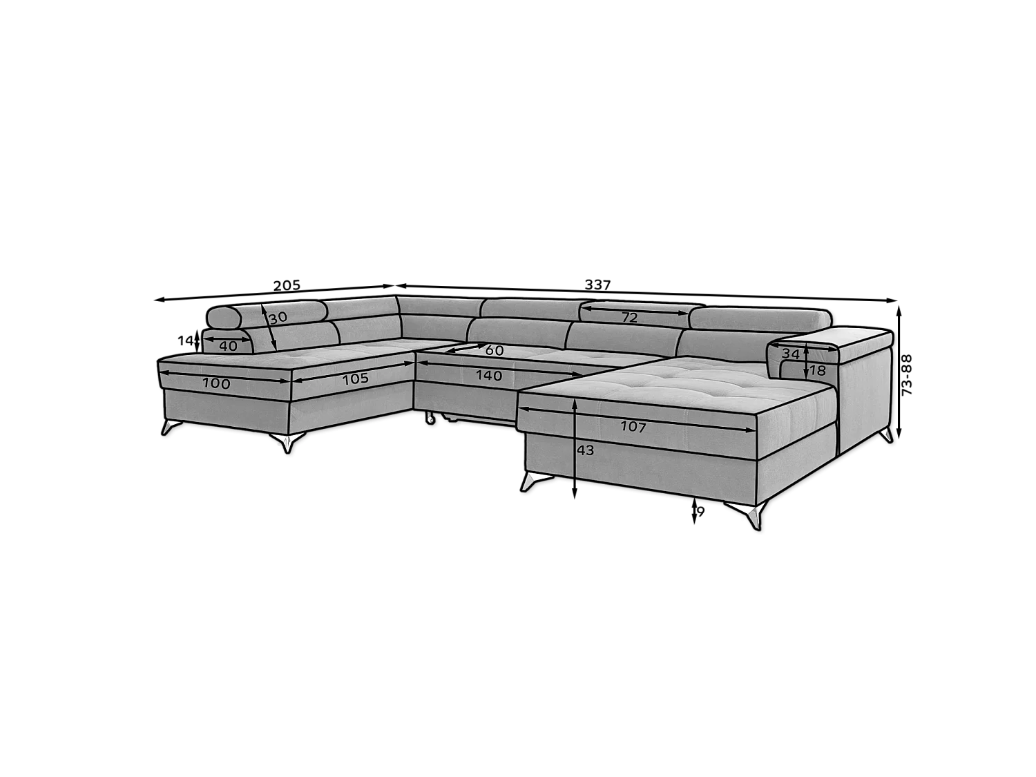 Canapé Corner Perano UR/Tissu-Noir