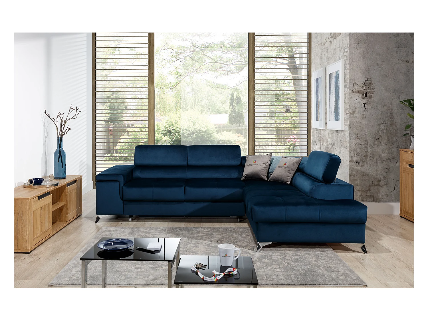 Canapé Corner Galano R/Tissu-Bleu