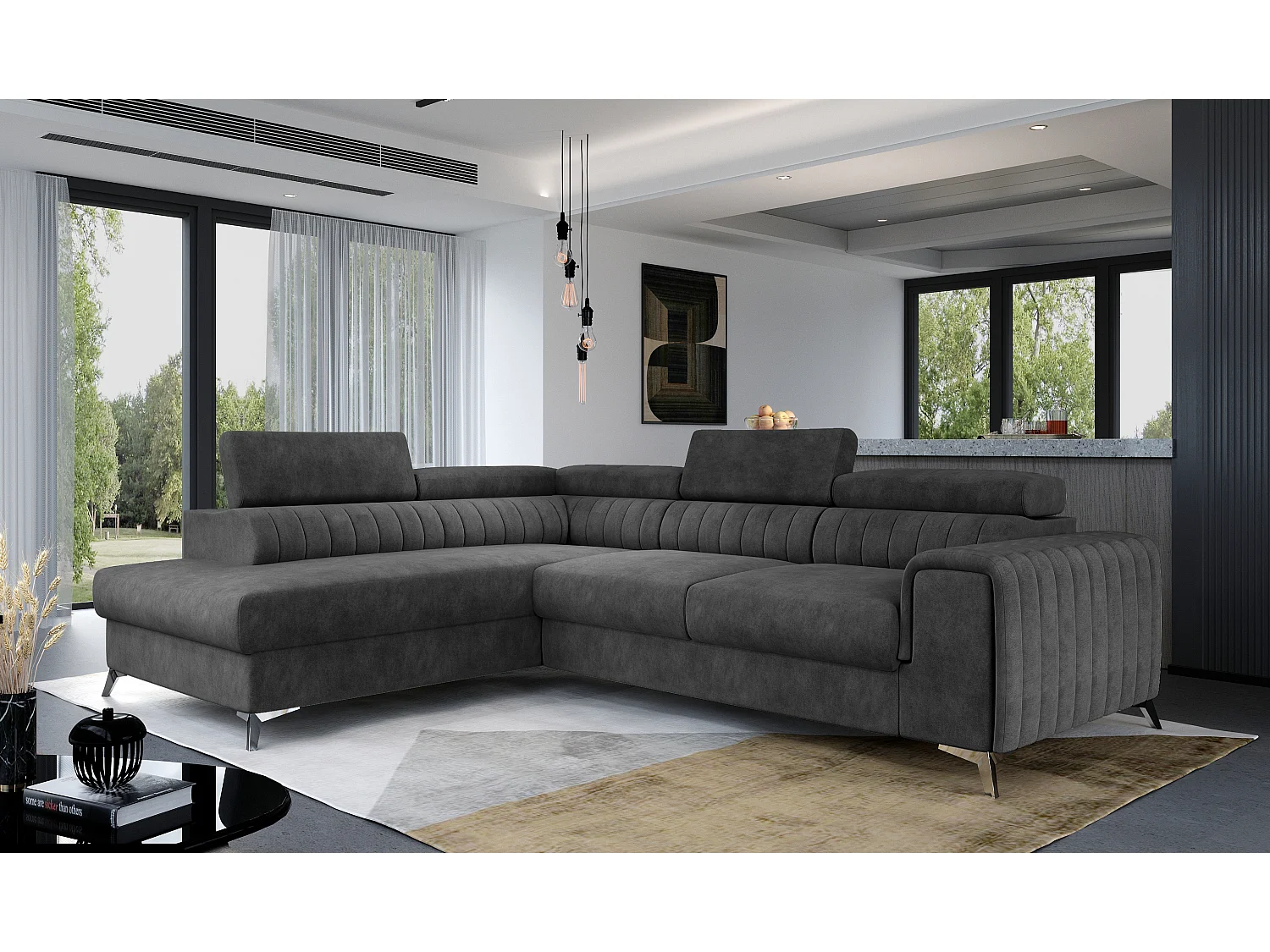 Hoekbank Genova L/stoffen bekleding/antraciet/op voorraad