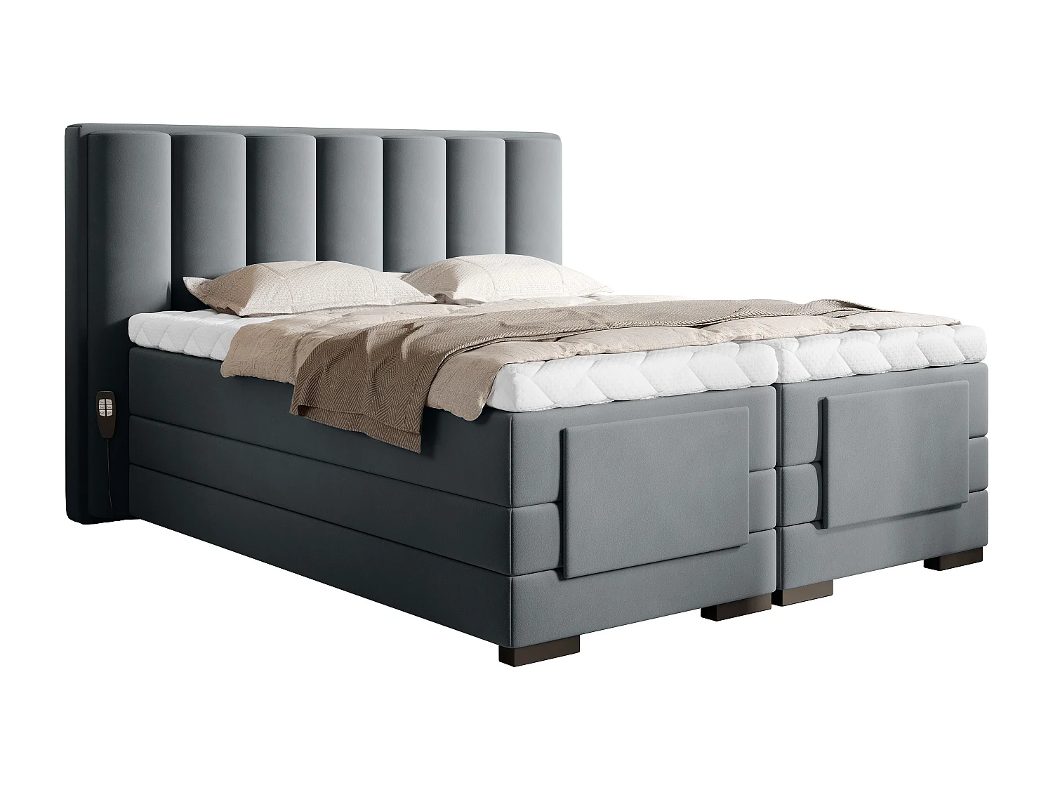 Lit boxspring électrique velours gris avec matelas et surmatelas Arkos-180x200
