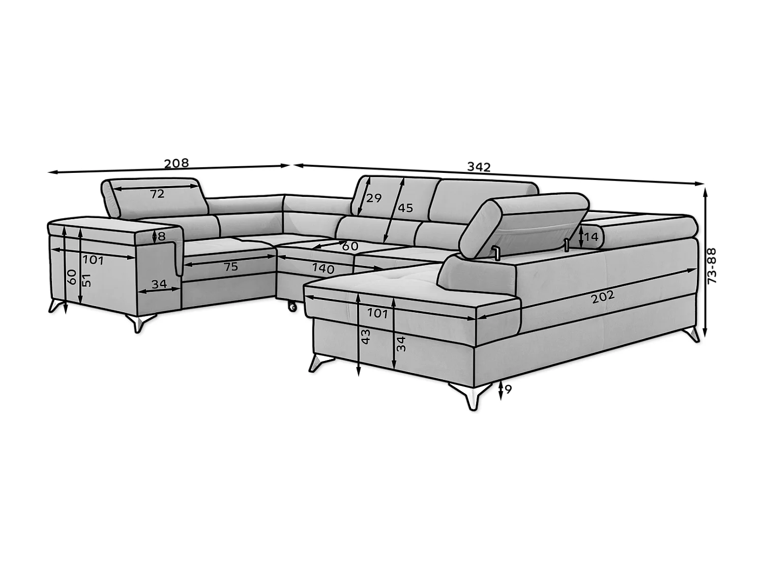 Ecksofa Roberto UR/Stoffbezug-Blau