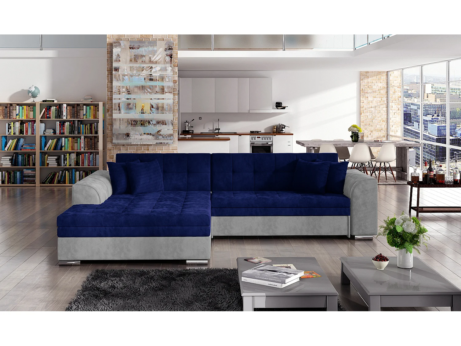 Divano d'angolo Oswald L/Tessuto-Blu&Grigio