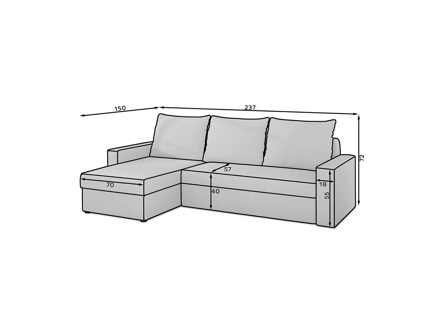 Canapé Corner Angolo R/Tissu-Gris