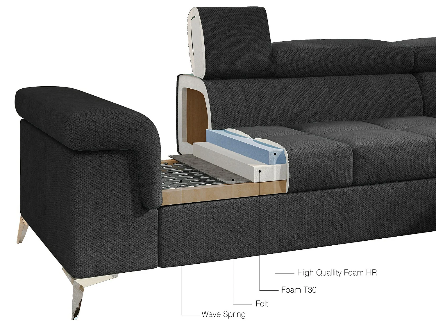 Canapé Corner Galano R/Tissu-Noir