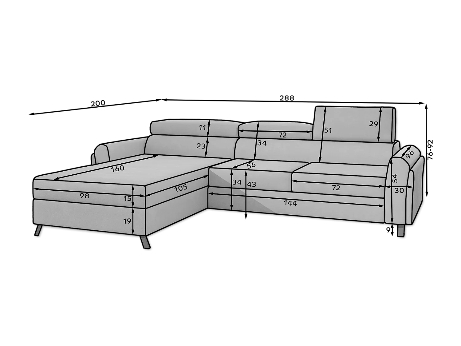 Ecksofa Salvia L/Stoff-Schwarz