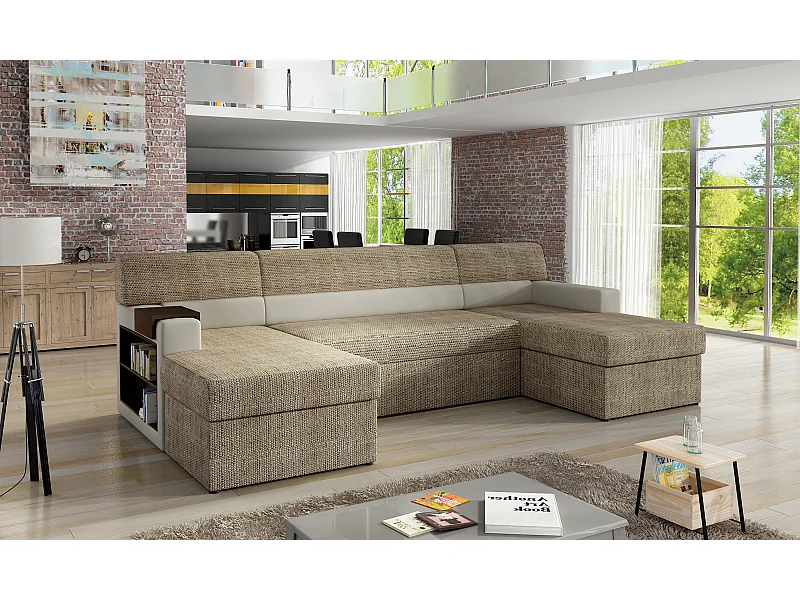 Canapé d'angle Larion / revêtement en tissu / marron et beige