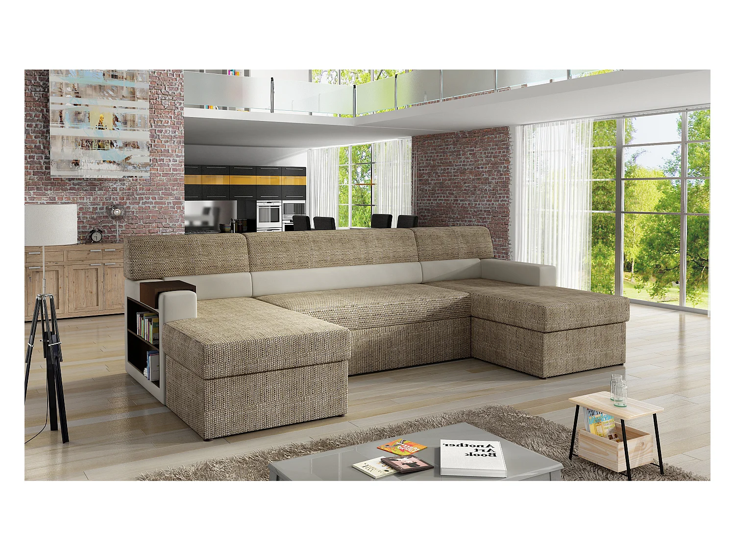 Canapé d'angle Larion / revêtement en tissu / marron et beige
