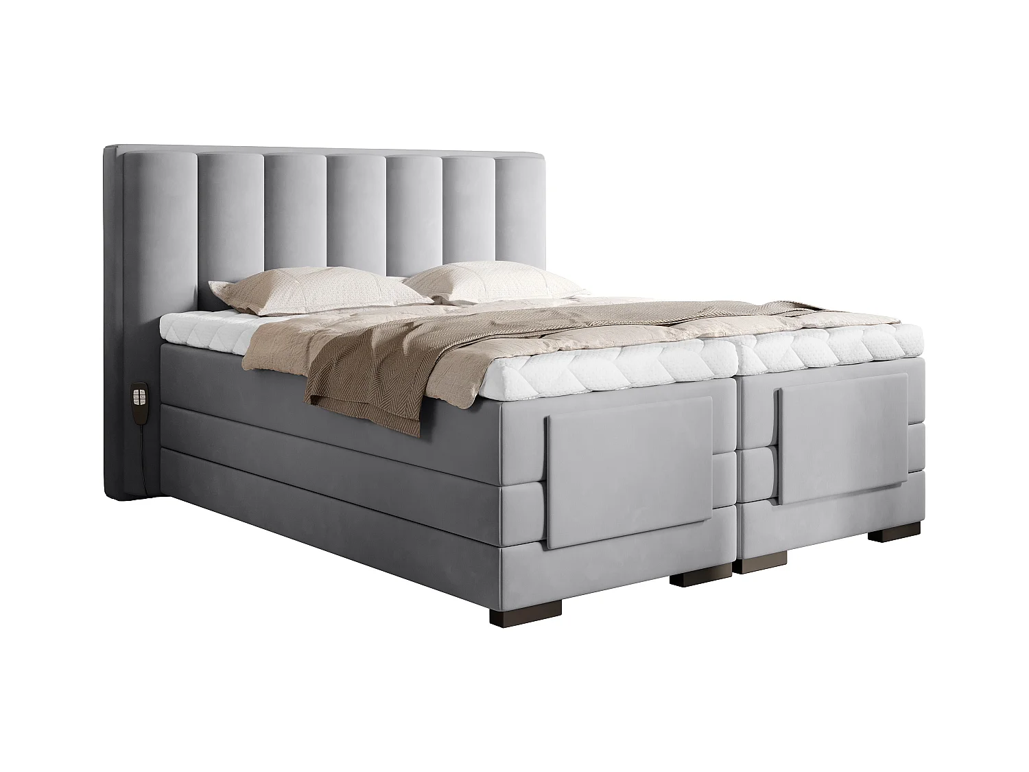 Lit boxspring électrique velours gris souris avec matelas et surmatelas Arkos-180x200
