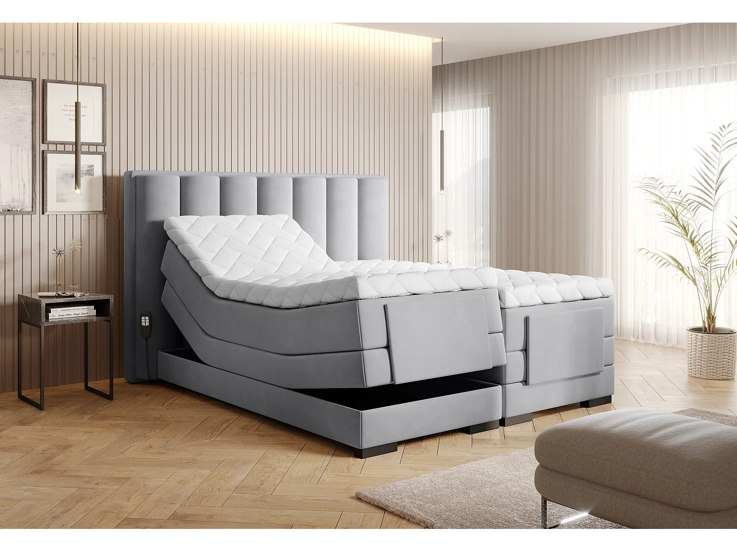 Lit boxspring électrique velours gris souris avec matelas et surmatelas Arkos-180x200