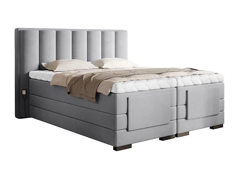 Lit boxspring électrique velours gris souris avec matelas et surmatelas Arkos-180x200