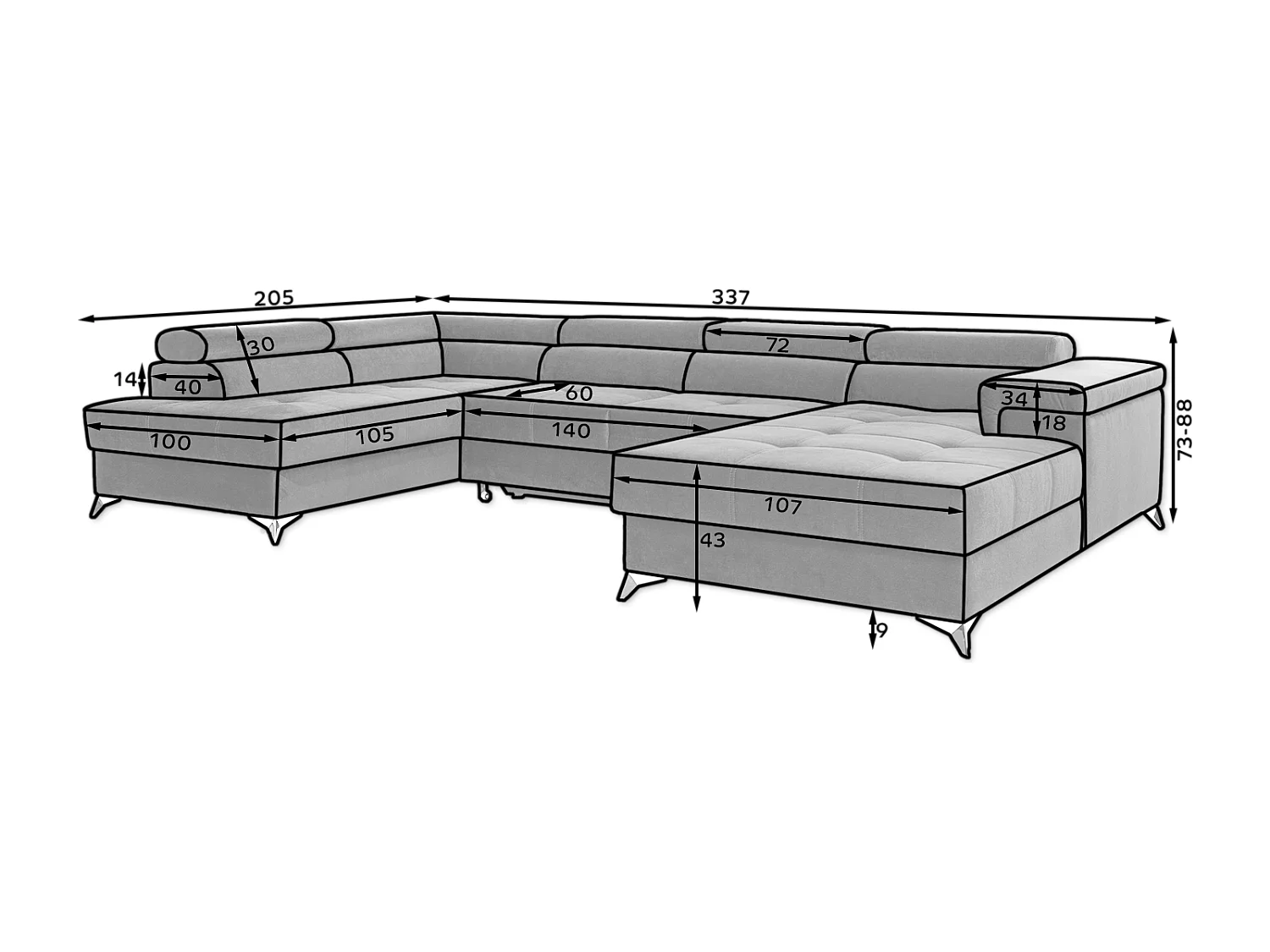Ecksofa Perano UL/Stoffbezug-Grau