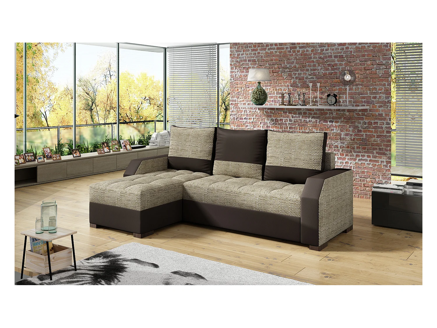 Canapé Corner Tarrone L/Tissu/Beige&Marron