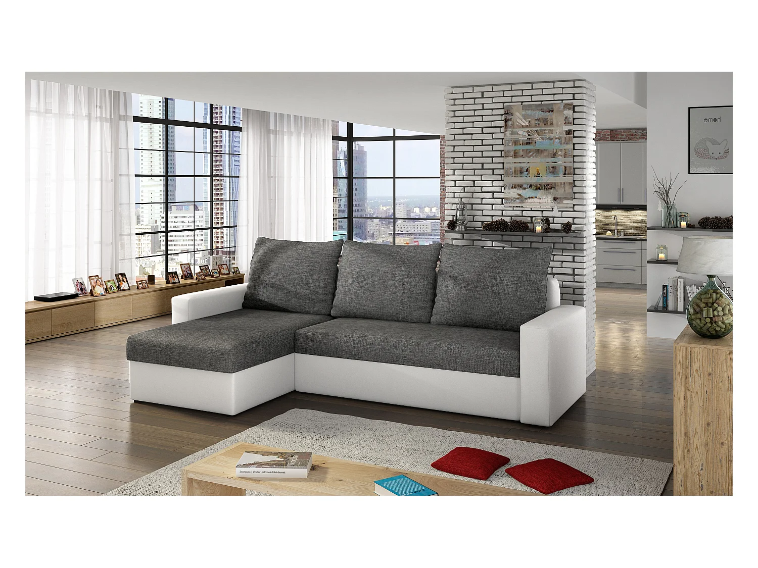 Divano d'angolo Angolo L/Tessuto/Grigio&Bianco