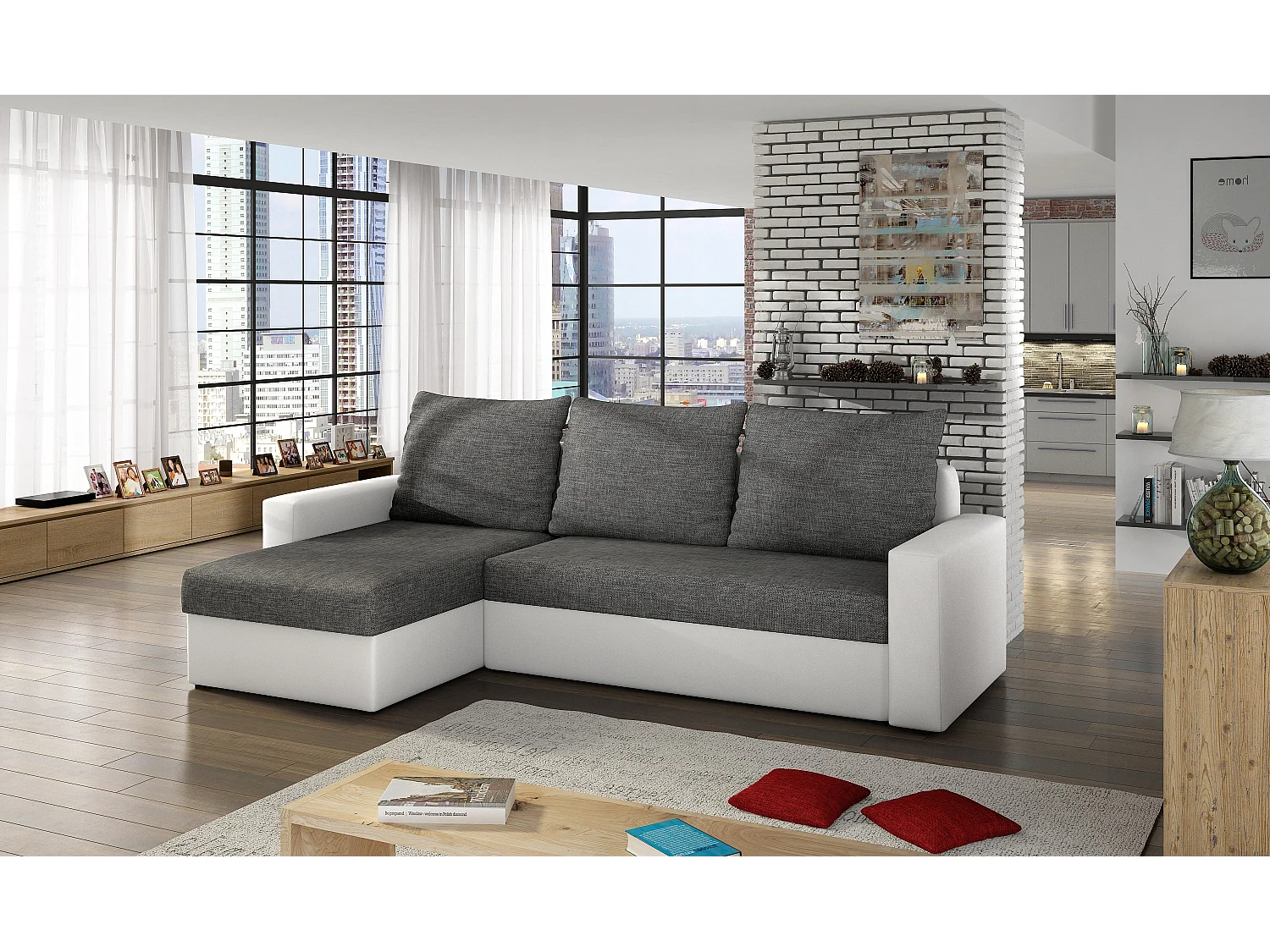 Canapé Corner Angolo L/Tissu/Gris&Blanc