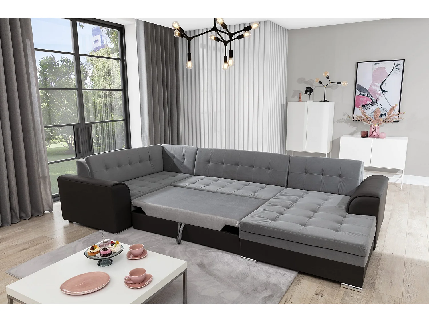 Divano d'angolo Olio UR/Tessuto/Grigio&Nero/In Magazzino