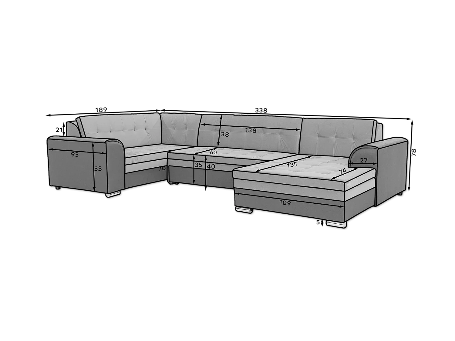 Canapé Corner Olio UR/Tissu/Gris&Noir/En stock