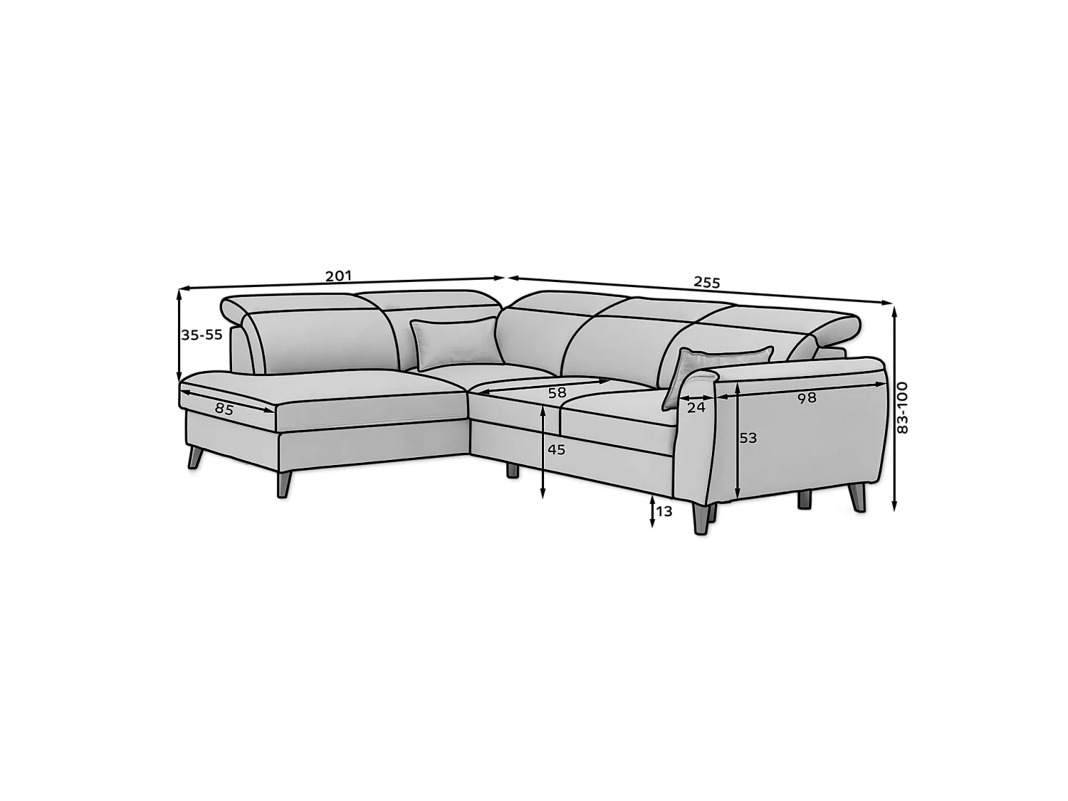 Ecksofa Dino L/Stoffbezug/Schwarz