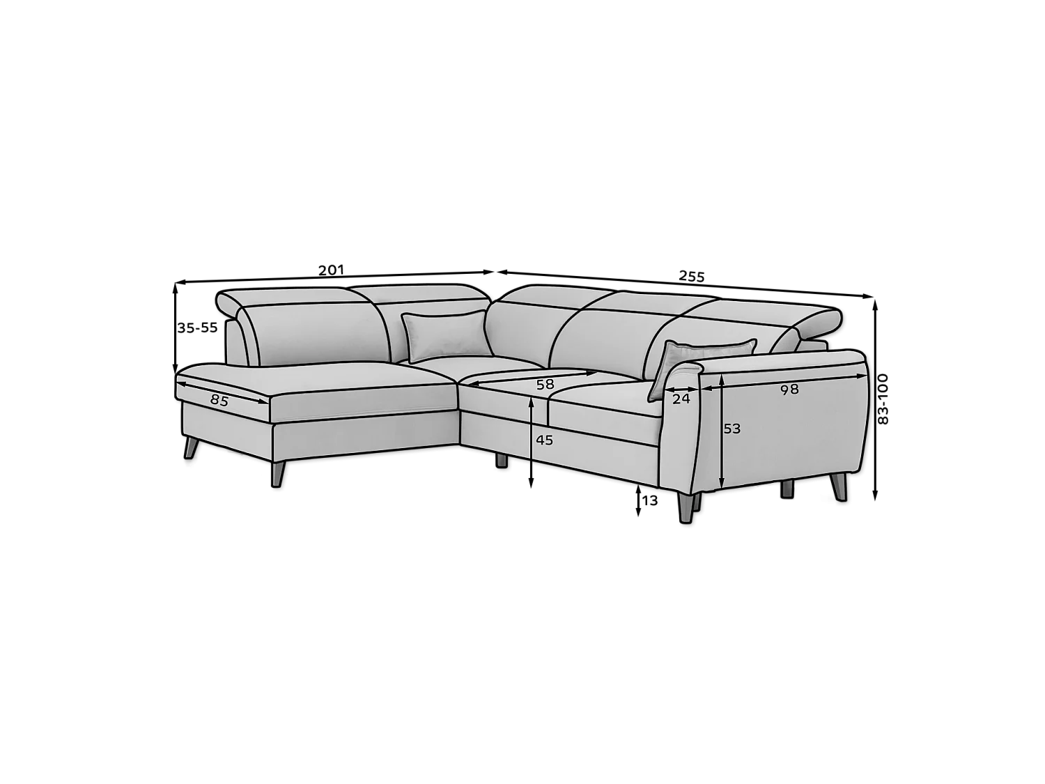 Ecksofa Dino L/Stoffbezug/Schwarz