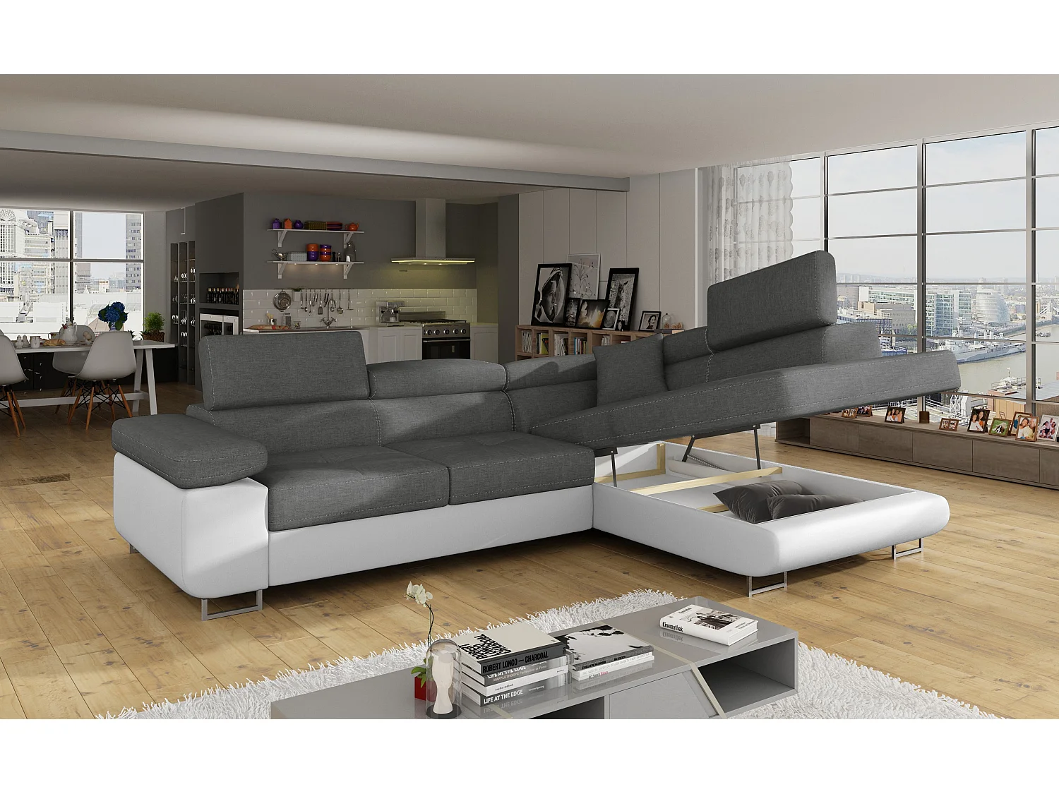 Ecksofa Rondon L/Stoffbezug/Grau&Weiss
