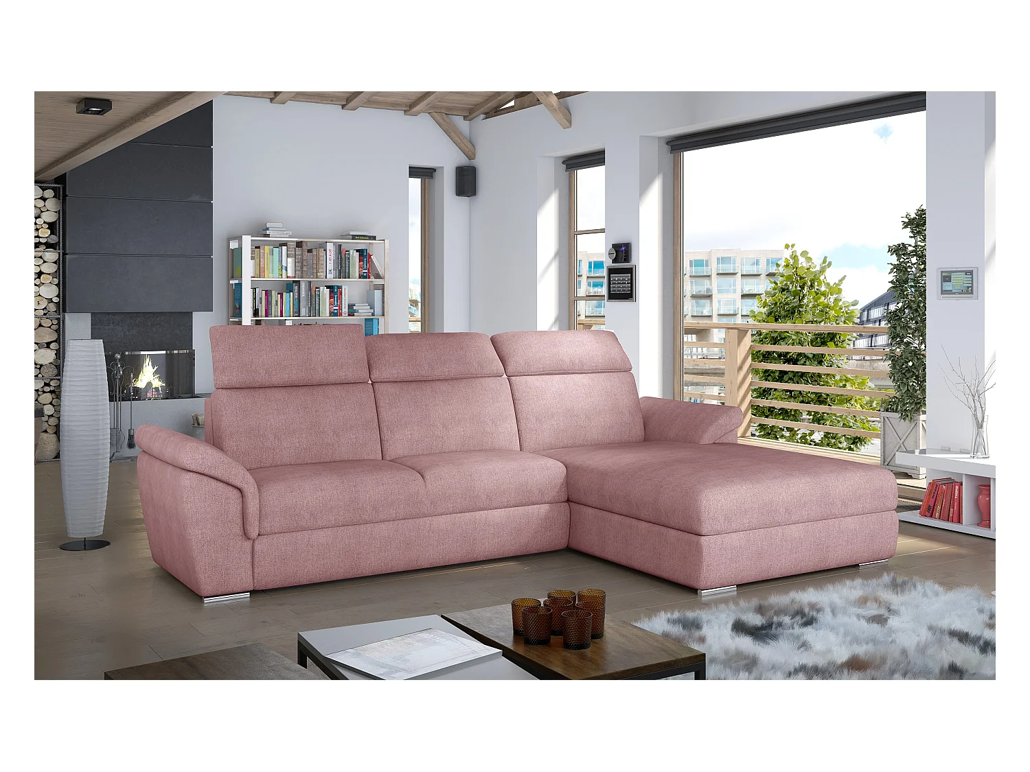 Divano d'angolo Jolly R/Tessuto-Rosa