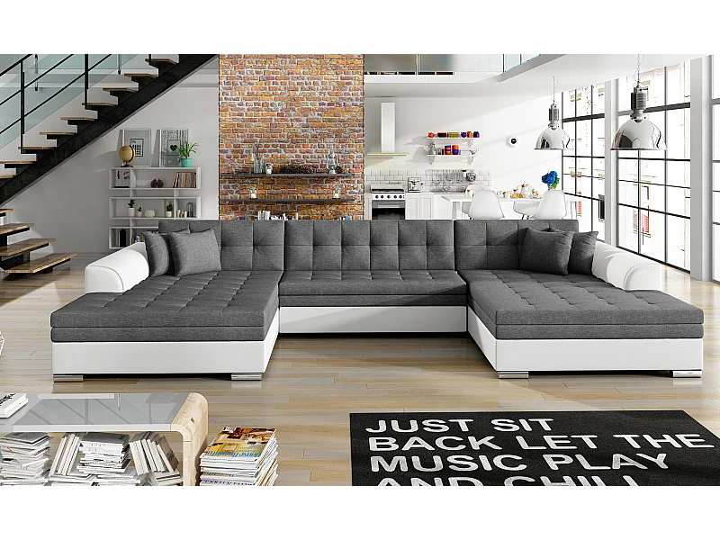 Canapé Corner Grande-U/Tissu/Gris&Blanc/En stock