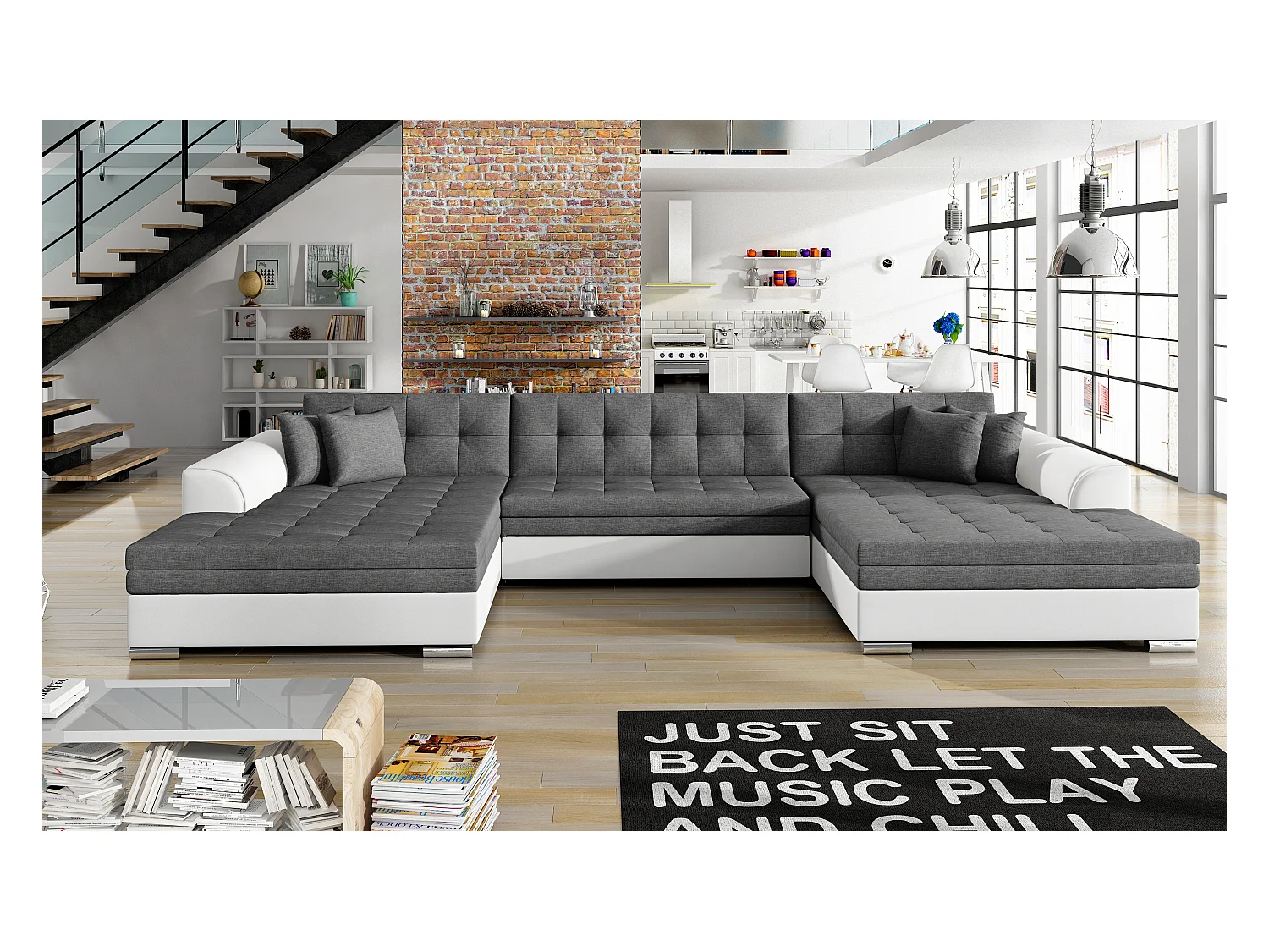 Canapé Corner Grande-U/Tissu/Gris&Blanc/En stock