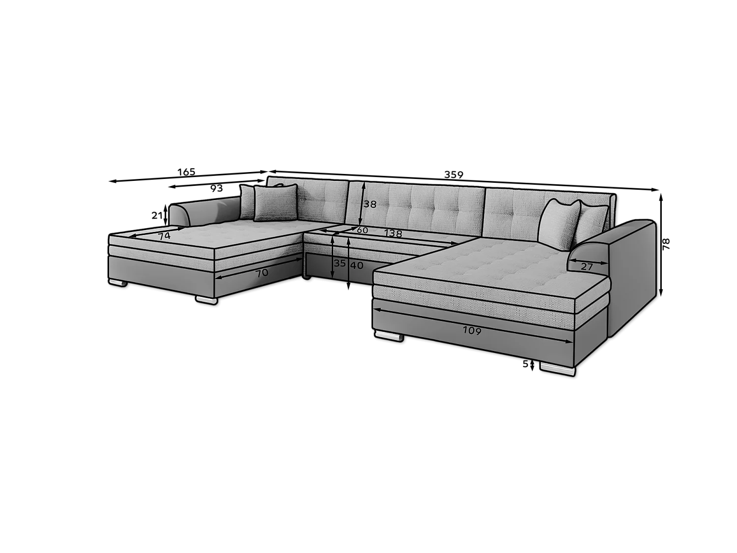 Canapé Corner Grande-U/Tissu/Anthracite/En stock