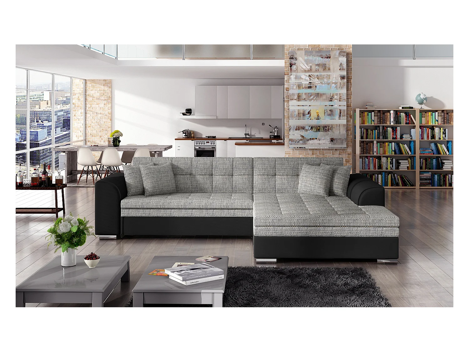 Canapé Corner Oswald R/Tissu/Gris&Noir