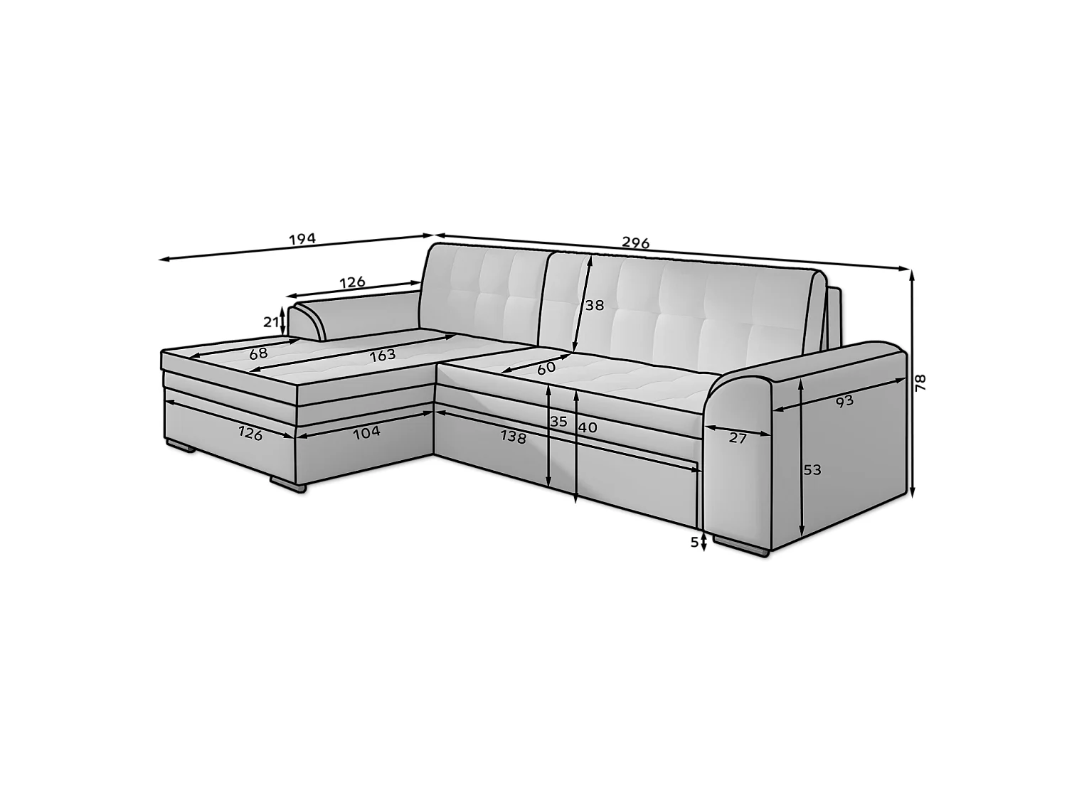 Canapé Corner Oswald R/Tissu/Noir/En stock