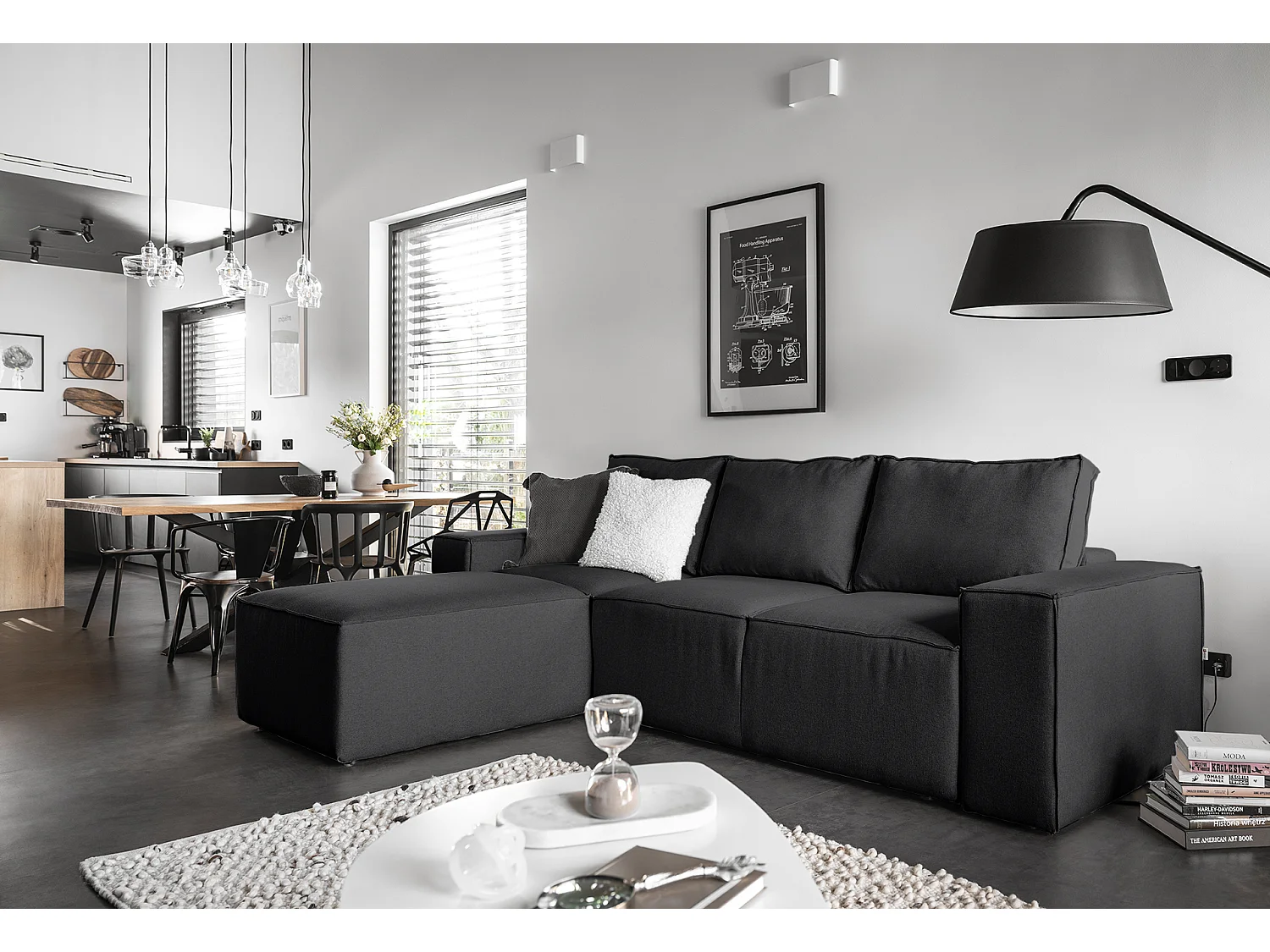 Canapé Corner Nalia L/Tissu-Noir