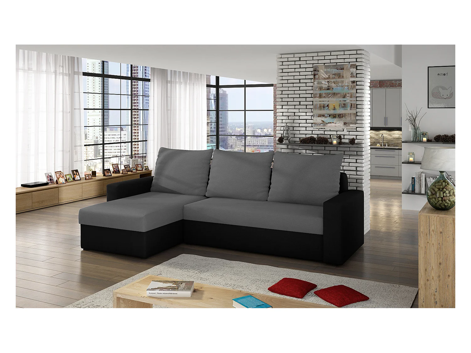 Ecksofa Angolo L/Stoffbezug/Grau&Schwarz