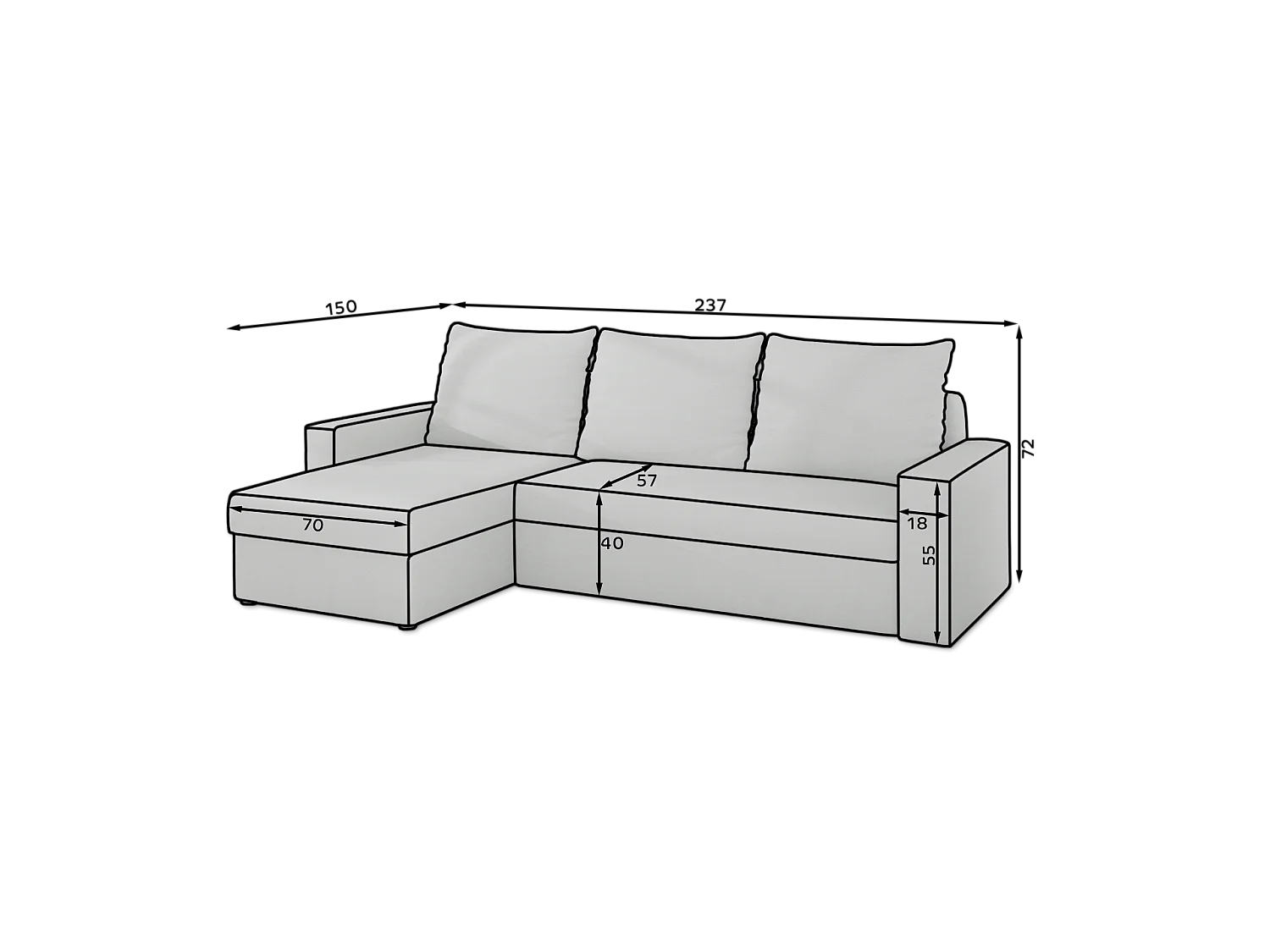 Canapé Corner Angolo L/Tissu/Gris&Noir/En stock