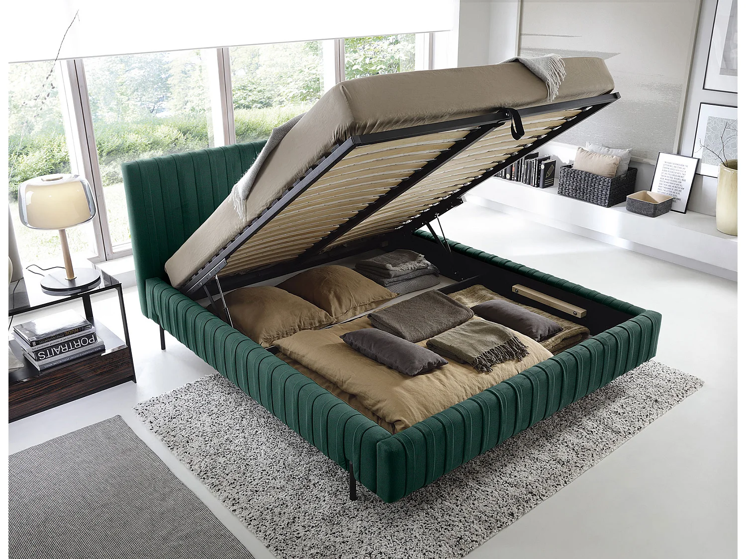 Lit coffre Plika prestige – Design et tissu pour un confort absolu-Couleur Vert foncé-140x200