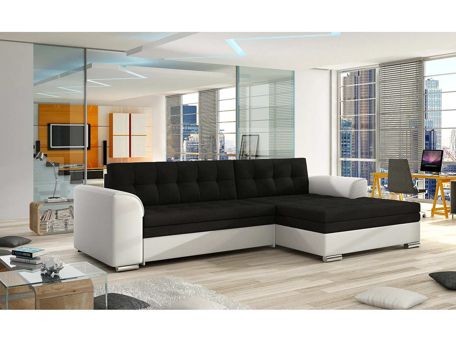 Canapé Corner Merati R/Tissu-Noir&Blanc