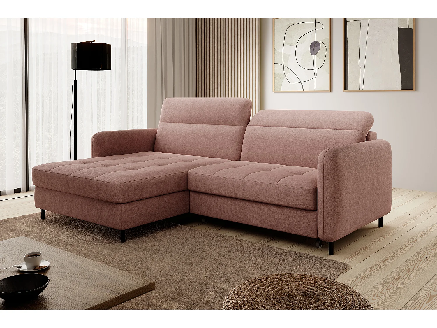 Divano d'angolo Tippo L/Tessuto/Rosa