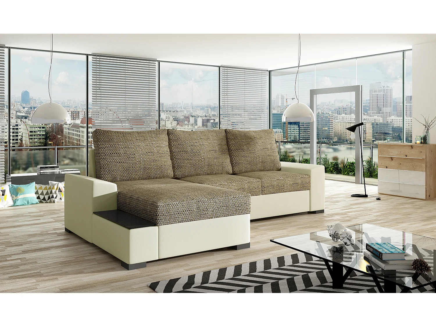 Divano d'angolo Arte L/Tessuto-Beige