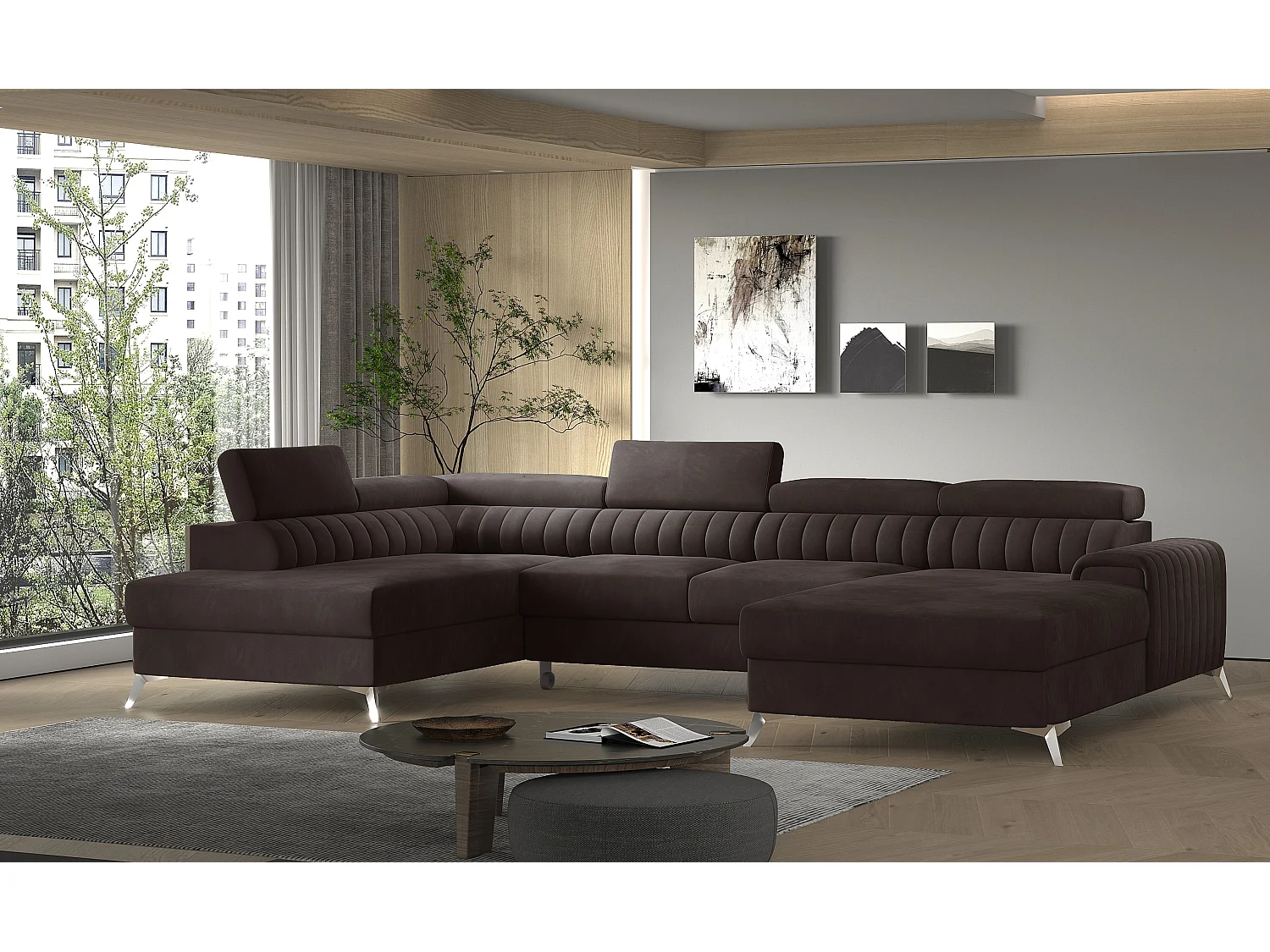 Divano d'angolo Exklusivo UL/Tessuto-Marrone