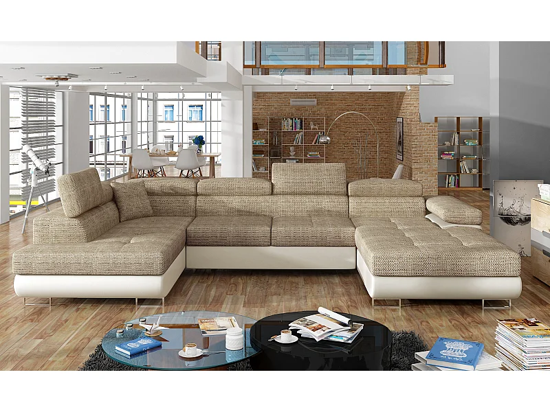 Divano angolare Trebino UL/rivestimento in tessuto/beige e bianco