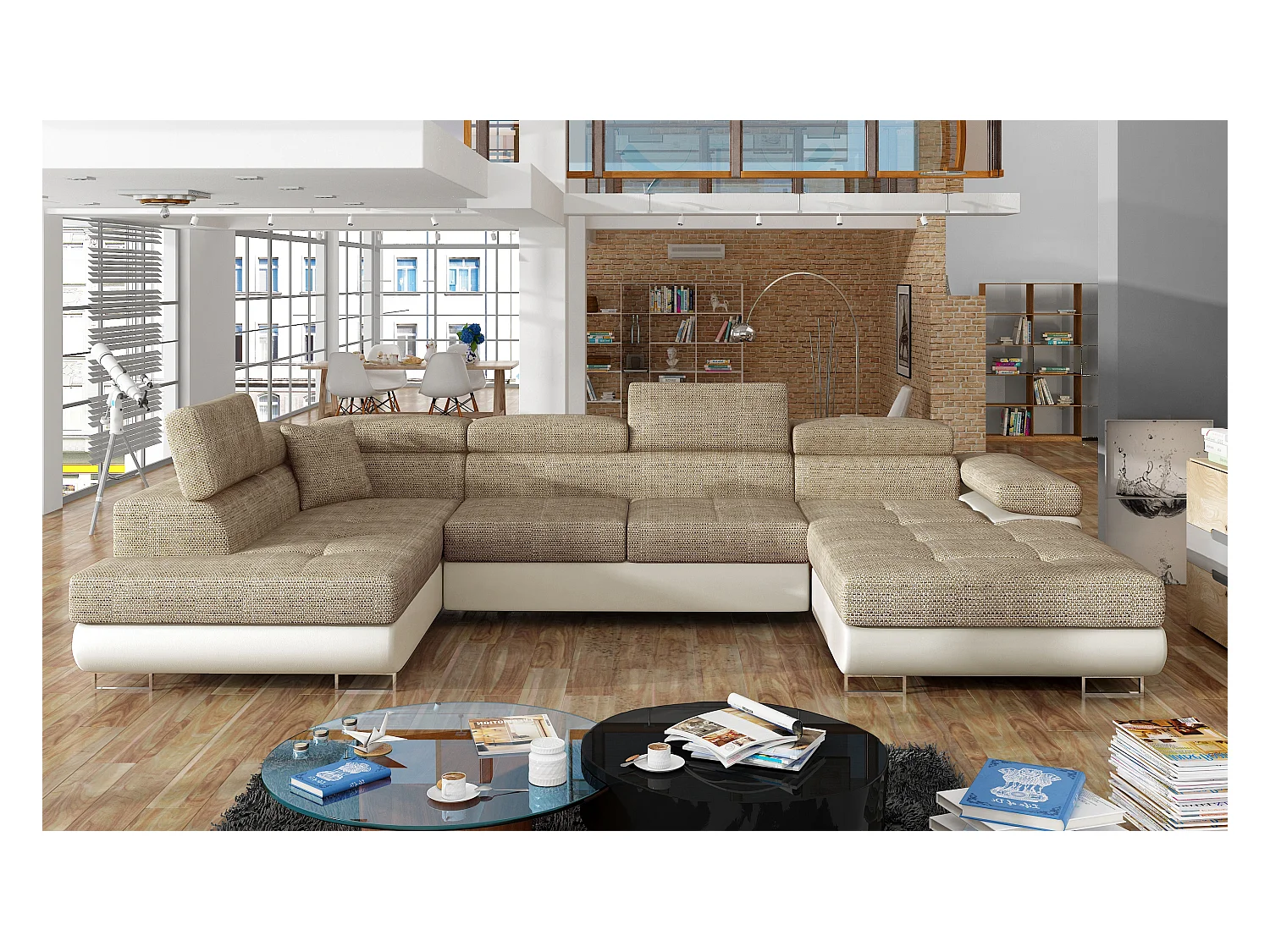 Divano angolare Trebino UL/rivestimento in tessuto/beige e bianco