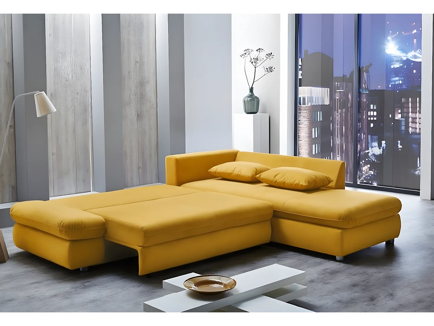 Divano angolare Komo R/rivestimento in tessuto/giallo