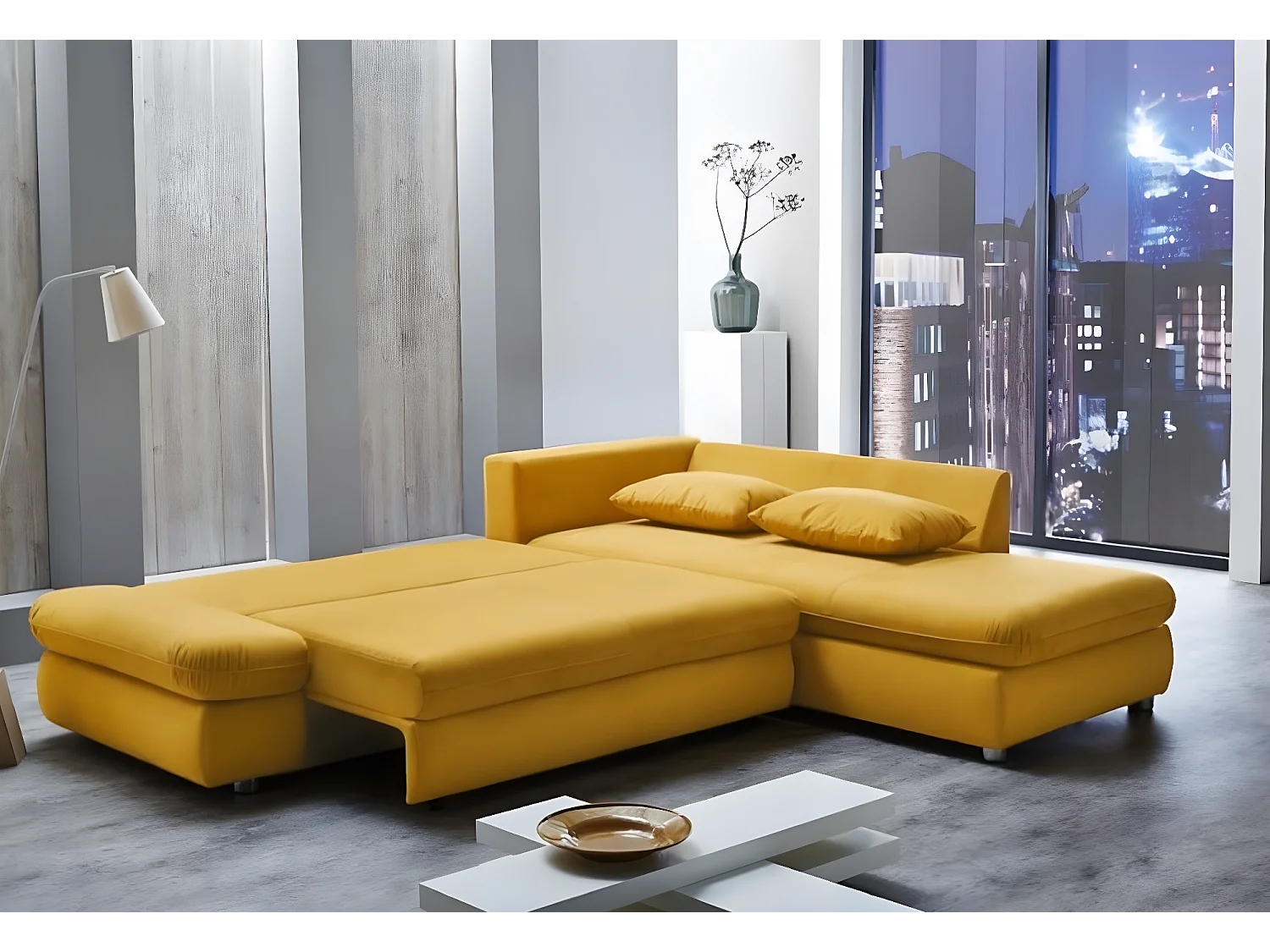 Divano angolare Komo R/rivestimento in tessuto/giallo