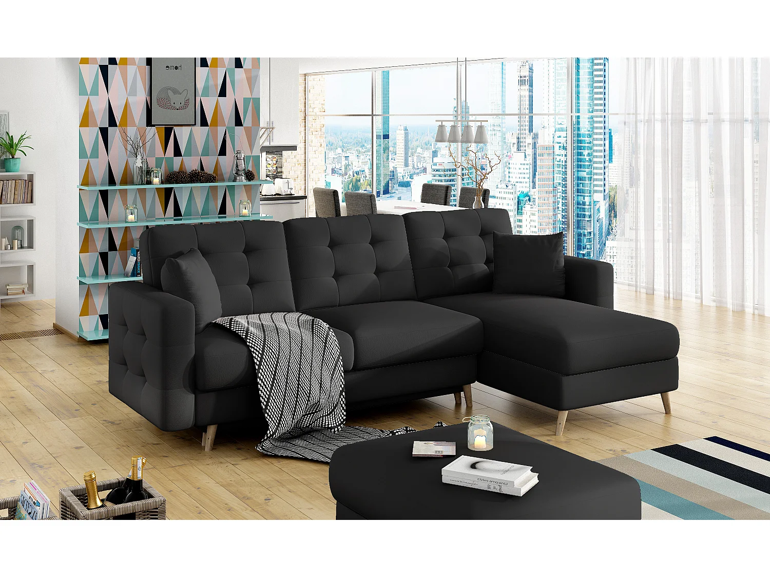 Divano d'angolo Daron R/Tessuto-Nero