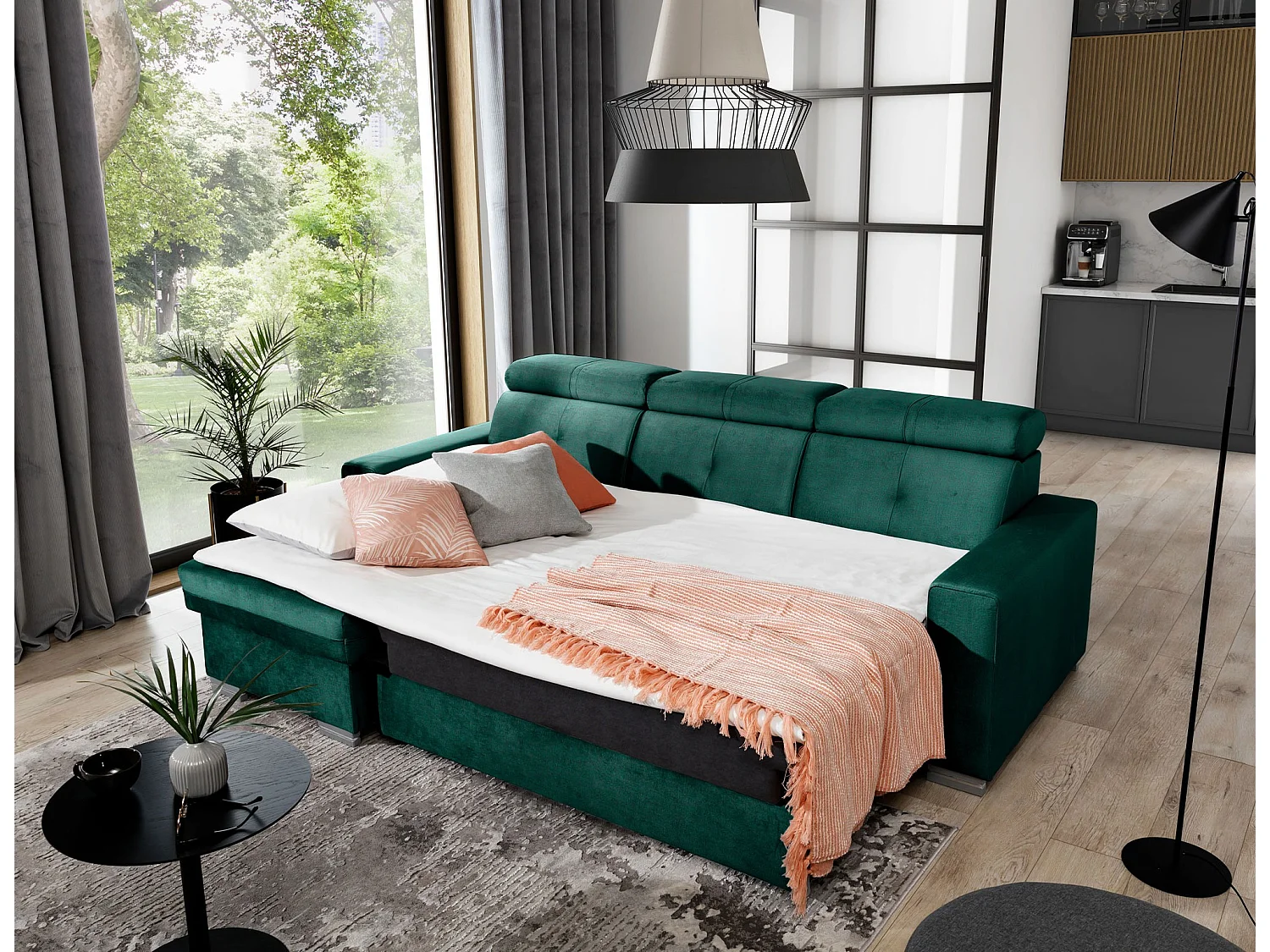 Canapé Corner Vittorio L/Tissu/Vert